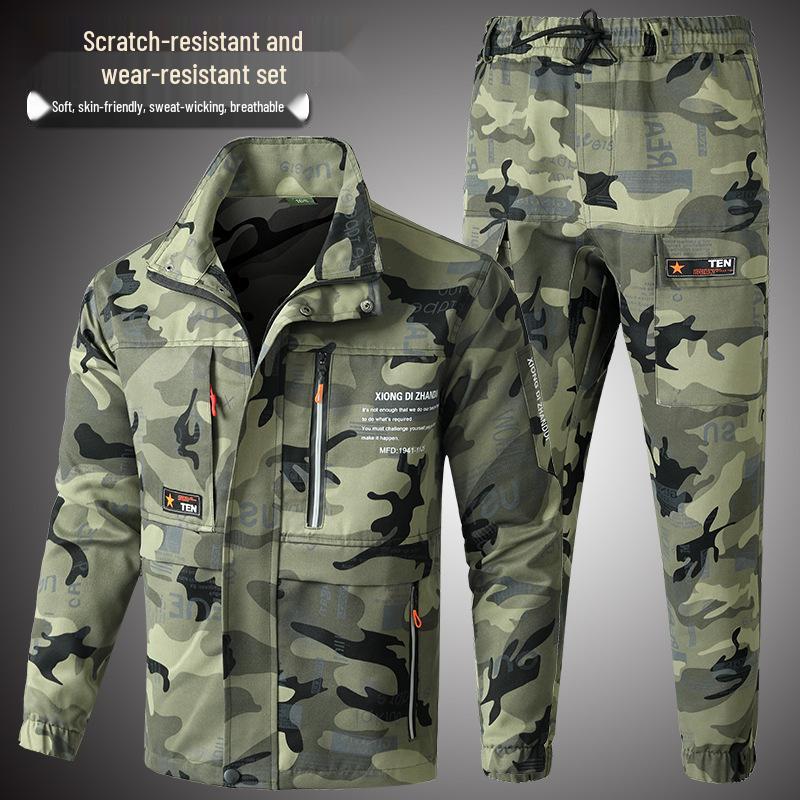 Men's Camouflage Welding Suit - Durable Cotton Workwear for All Seasons - Ideal for Military Training, Workshops, and Construction Sites