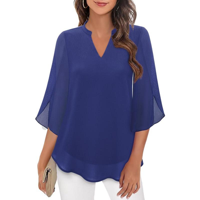 Fashion Loose Casual Summer Chiffon Blouse Women Loose V-neck Shirt Elegant Short Sleeve Solid Color Top Office Ladies Female Basic Women's Clothing