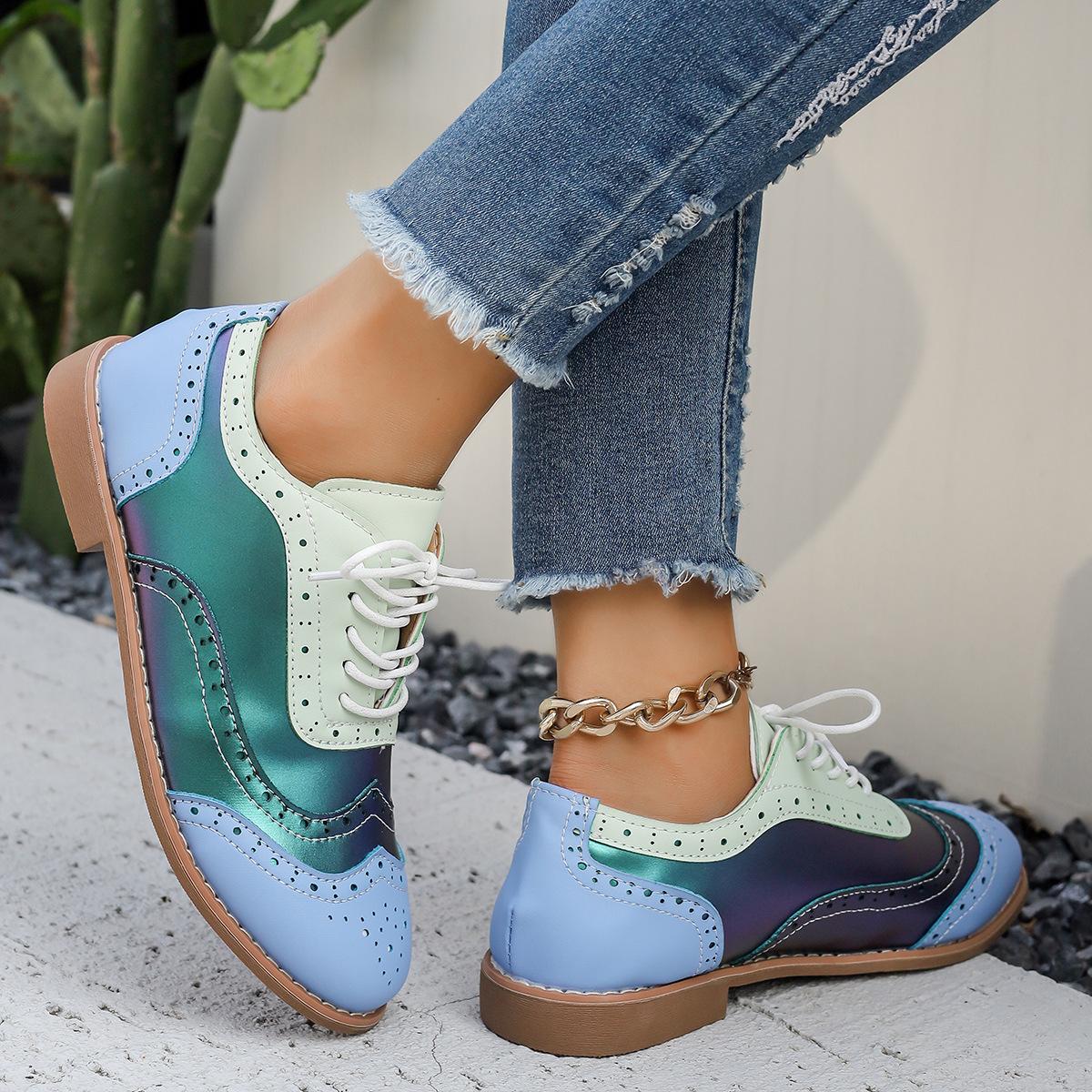 

Модель для внешней торговли 2025 года, весна-осень, туфли Brock Burning Flower, женские, большого размера, подходящие по цвету, на шнуровке, с круглым носком, женские туфли 36 небесно-голубой