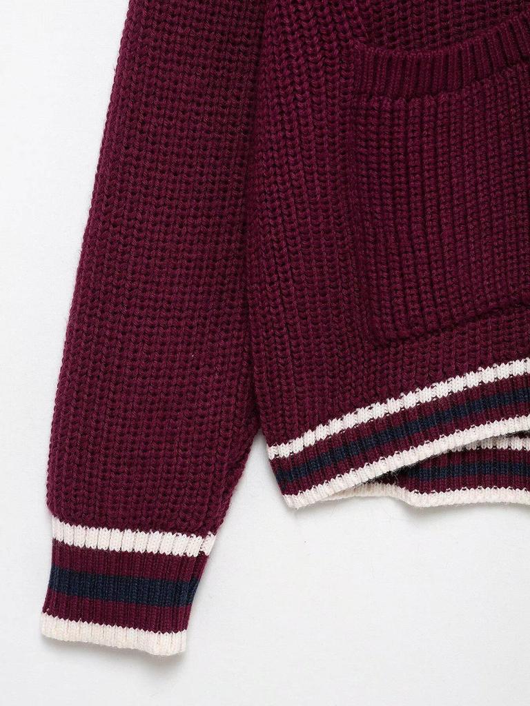 2025 Spring V-Neck Dark Red Color Block Stripe Knit Cardigan - European & American Style