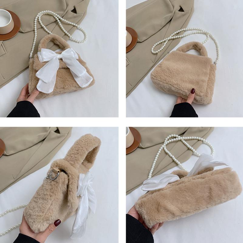 Sweet Bow Women's Faux Fur Shoulder Bags Fashi Pearl Chain Ladies Plush Crossbody Bag Simple Female Fluffy Purse Handbags