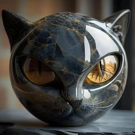 Black Cat Stone Figurine Resin Cat Head Healing Stone Marble Texture Cat Stone Keepsake Gift for Cat Lovers Women Men