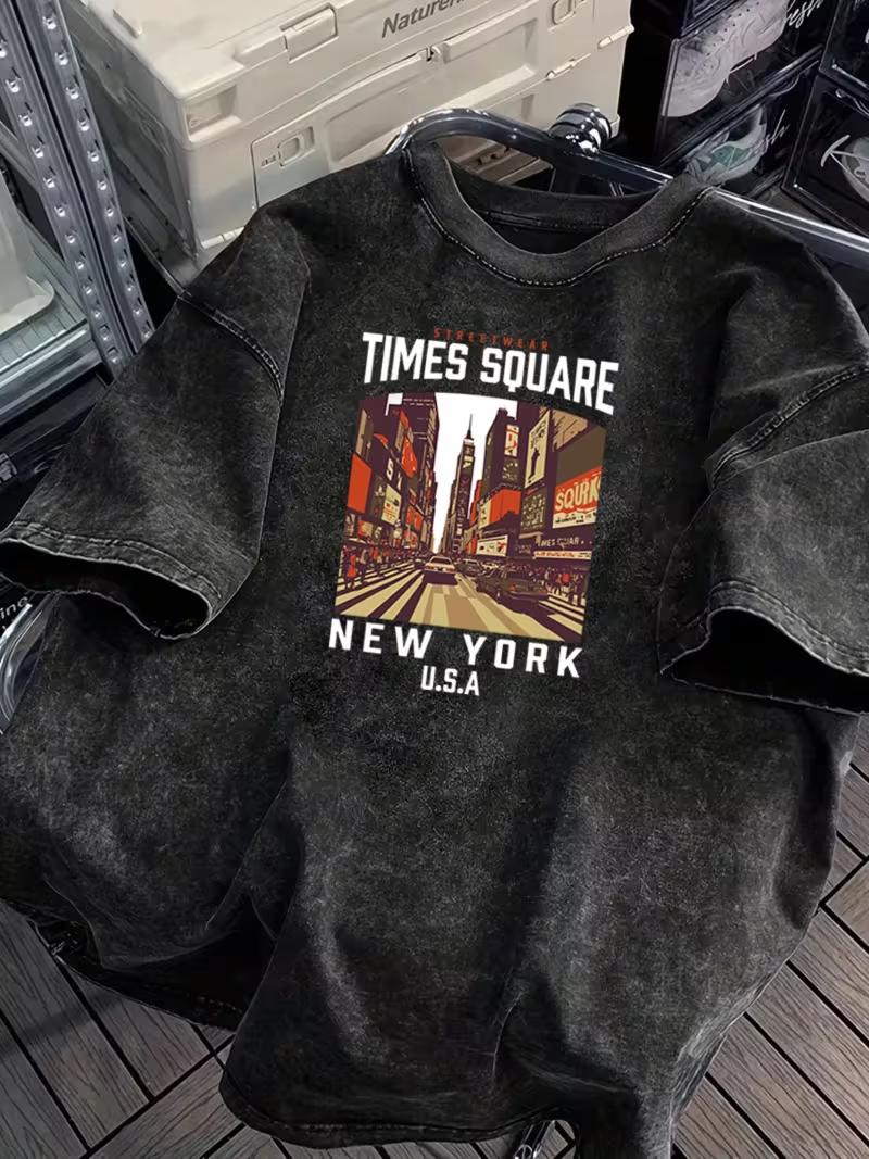 New York Square Graphic TShirt Washed Black Retro City Streetwear Casual Crew Neck Short Sleeve Unisex Oversized Tee S