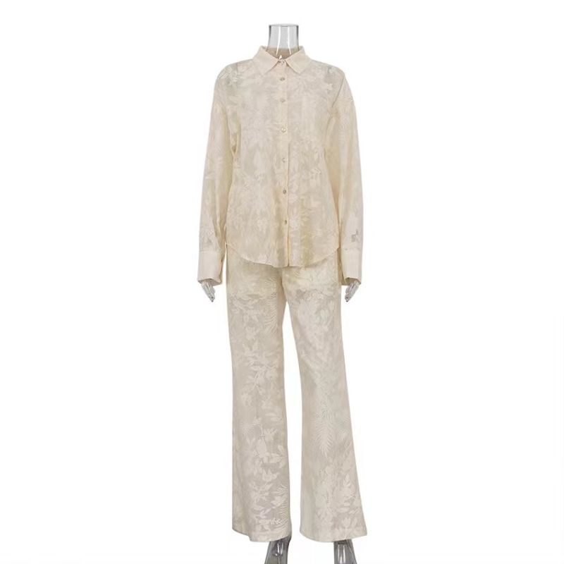 

Fashion Print See-through Long-Sleeved Shirt Pants Suit Perspective Shirt and Pants Set Beige S