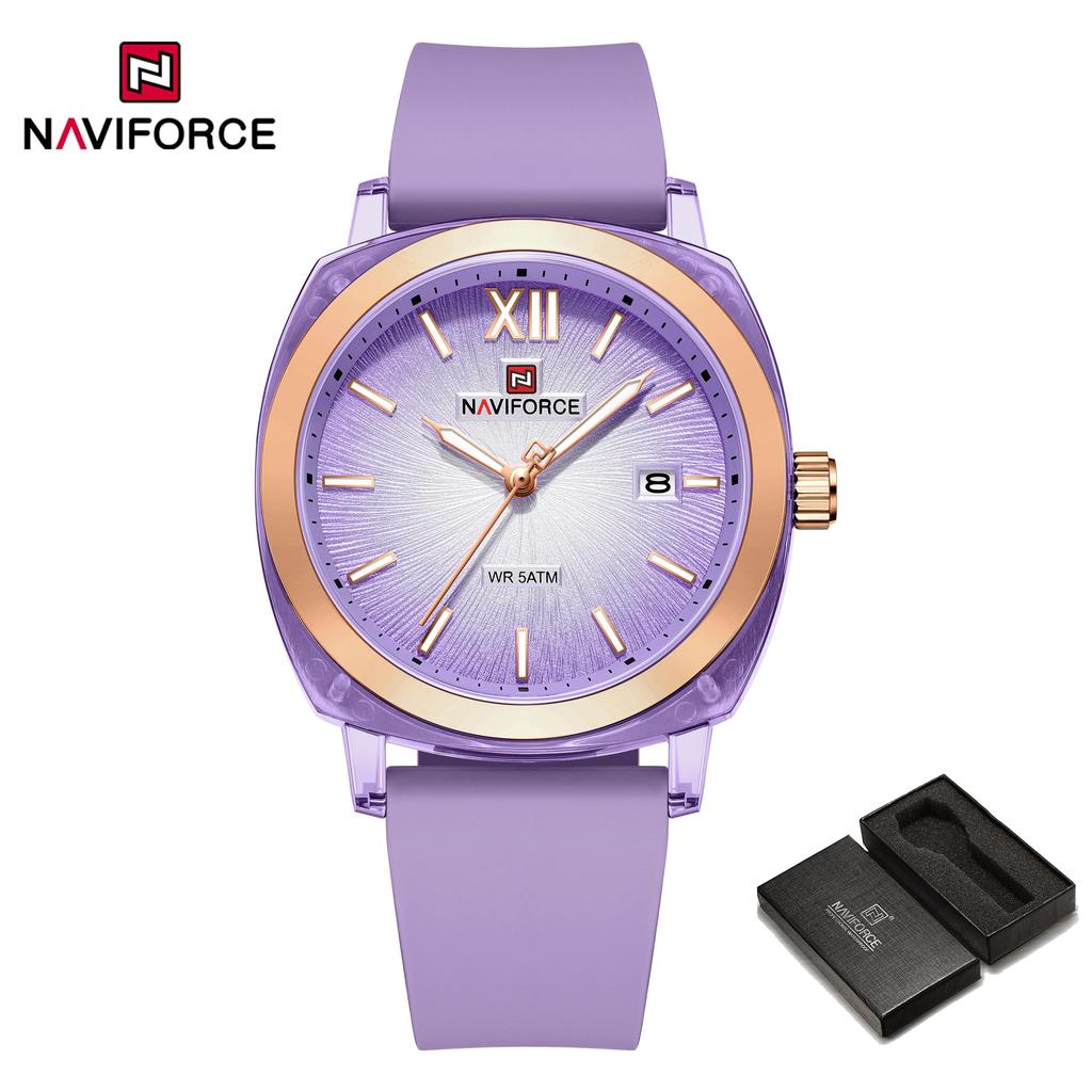 NAVIFORCE Original Calendar Watch for Women Quartz Movement Round Dial Luminous Hands Waterproof Silicone Strap Lady Light Watch NF6111