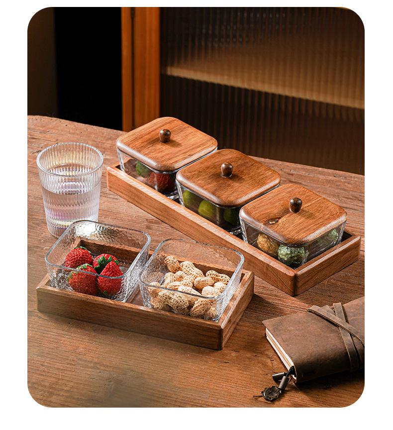 Compartmented Walnut Wood and Glass Snack Tray