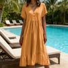 Women Summer Dress Button V Neck Short Sleeve Loose Fit Flowy Beach Sundress Ruffled A-line Swing Casual Midi Dress