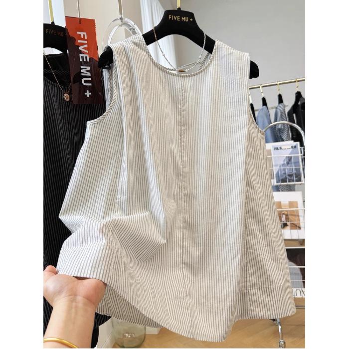 Japanese Retro Vertical Stripe Sleeveless Women's Summer Top - Versatile, Loose, Slimming Round Neck Design