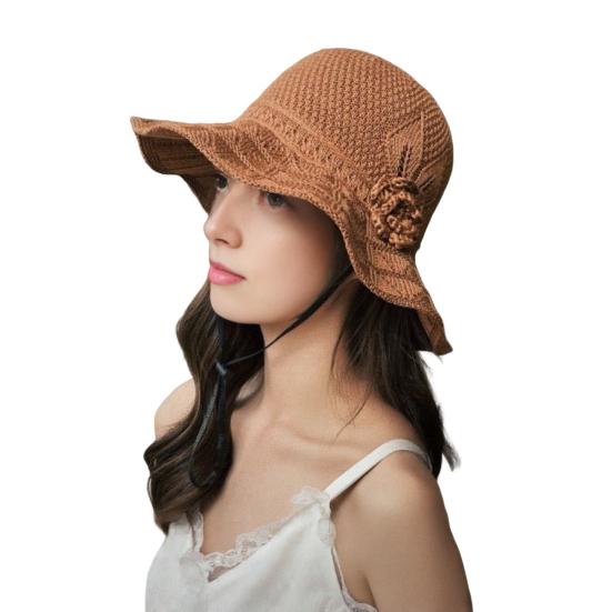 Fisherman Hat with Flower Detail, Wide Brim Glitter Bucket Hat, Knit Design Adjustable Drawstring Knit Hat, Lightweight Sun Hat for Travel Beach