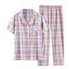 Pajamas women's pure cotton spring and summer thin unprinted plaid homewear short-sleeved trousers set loose large-size homewear