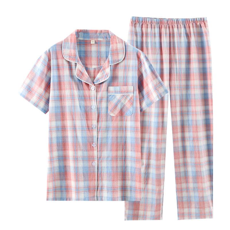 Pajamas women's pure cotton spring and summer thin unprinted plaid homewear short-sleeved trousers set loose large-size homewear