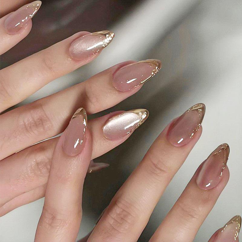 24PCS Metallic Silver Lines Patterns French Press on Nails Full Cover Simple Nude Almond Fake Nails for Women Trendy Nail Tips