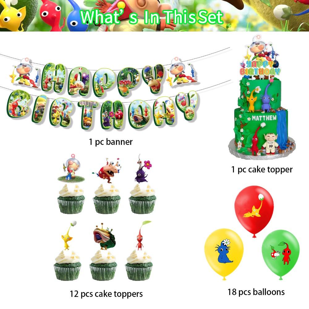 Sada Narozeninových Dekorací Pikmin-4 Vlaječky Balónky Zápichy a Závěsné Dekorace