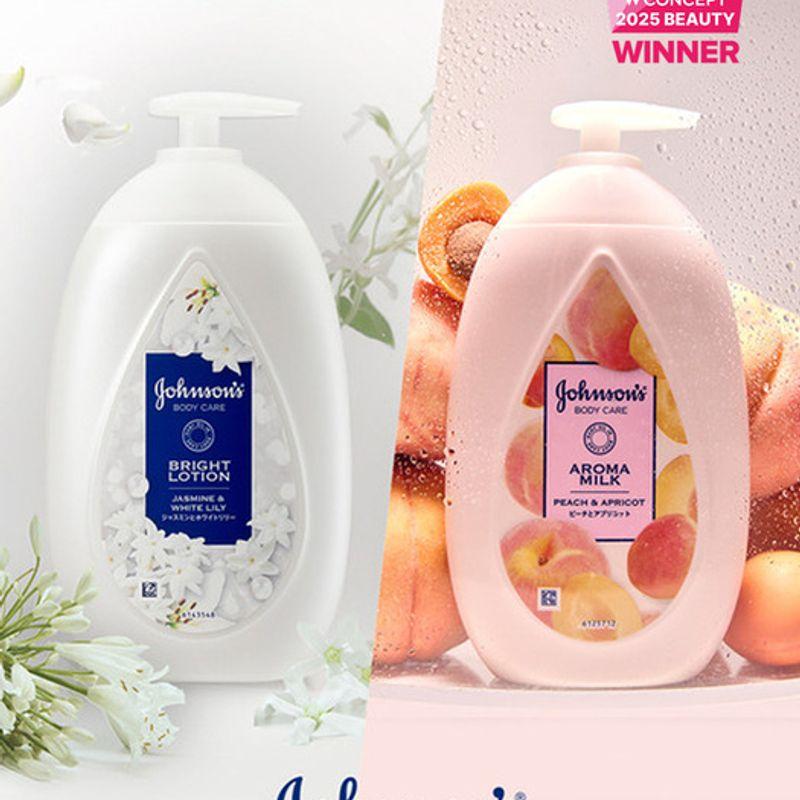 Johnson s (Pure + Moist) Johnson s Bright Lotion 500ml (Jasmine & White Lily) + Aroma Milk (Peach & Apricot) Light Lotion 500mlx1+Watery Peach Lotion 500mlx1