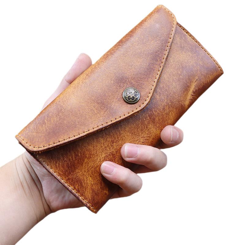 Handgefertigte pflanzlich gegerbte Leder Herren- und Damen-Langbrieftasche aus echtem Leder mit großem Fassungsvermögen, Hand-Zehenabdeckungsschicht, Rindsleder-Tasche