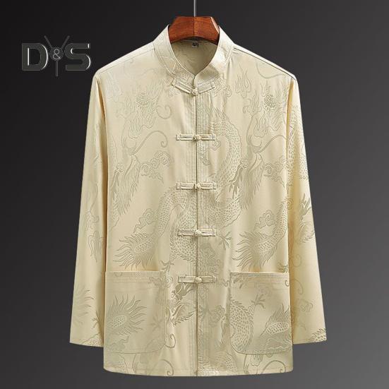 Neues Jahr traditionelle chinesische Männer Tang-Anzug Hemd Stehkragen Langarm Drachendruck Hemd Taschen Design Tai Chi Tops
