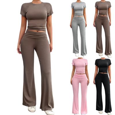Summer Round Neck Casual Solid Color Slim Short-sleeved Trousers Suit