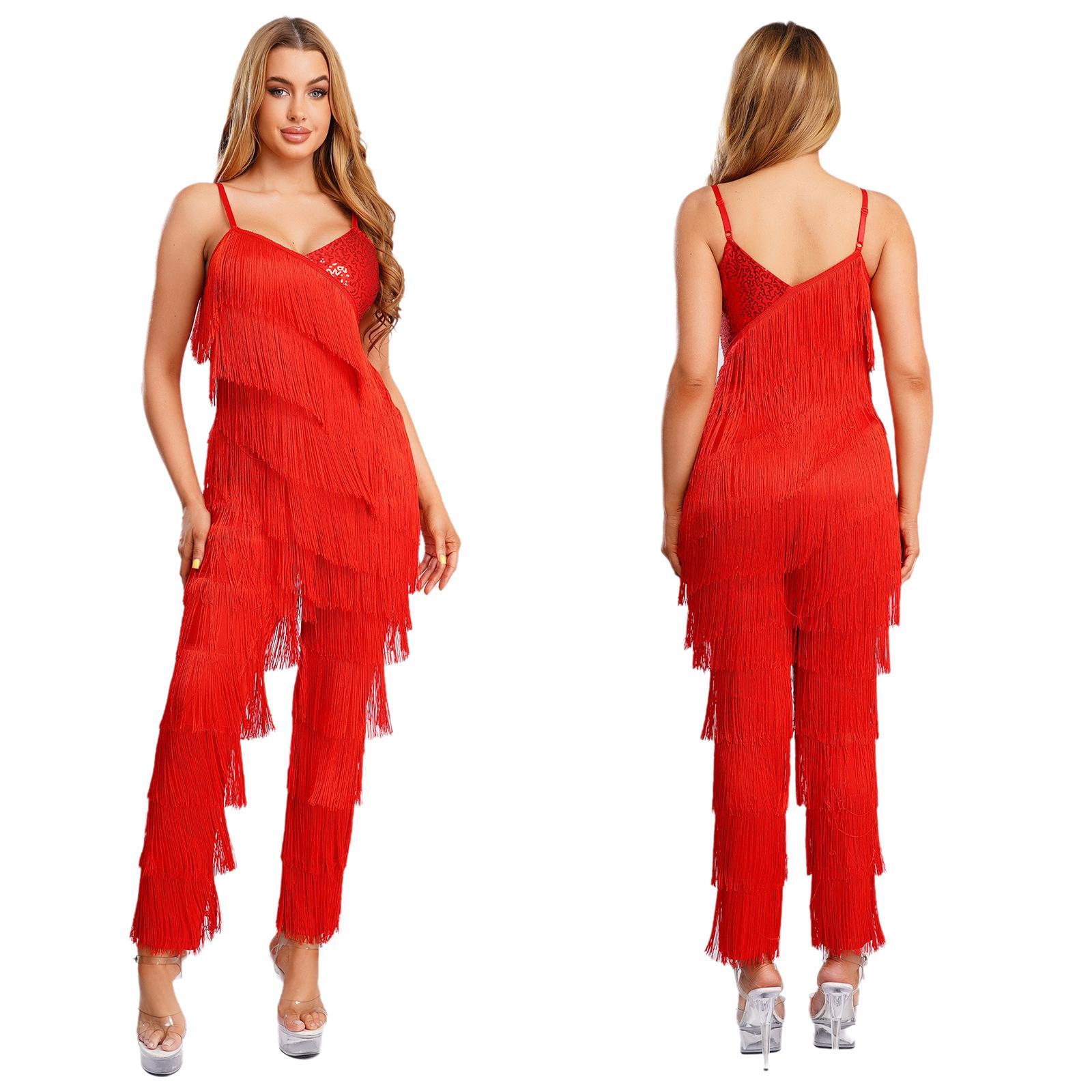 

S-XXL Women Latin Tango Fringe Jumpsuit Shiny Sequin Tiered Tassel Cami Romper Long Pants Bodysuit for Cha-Cha Salsa Ballroom S красный