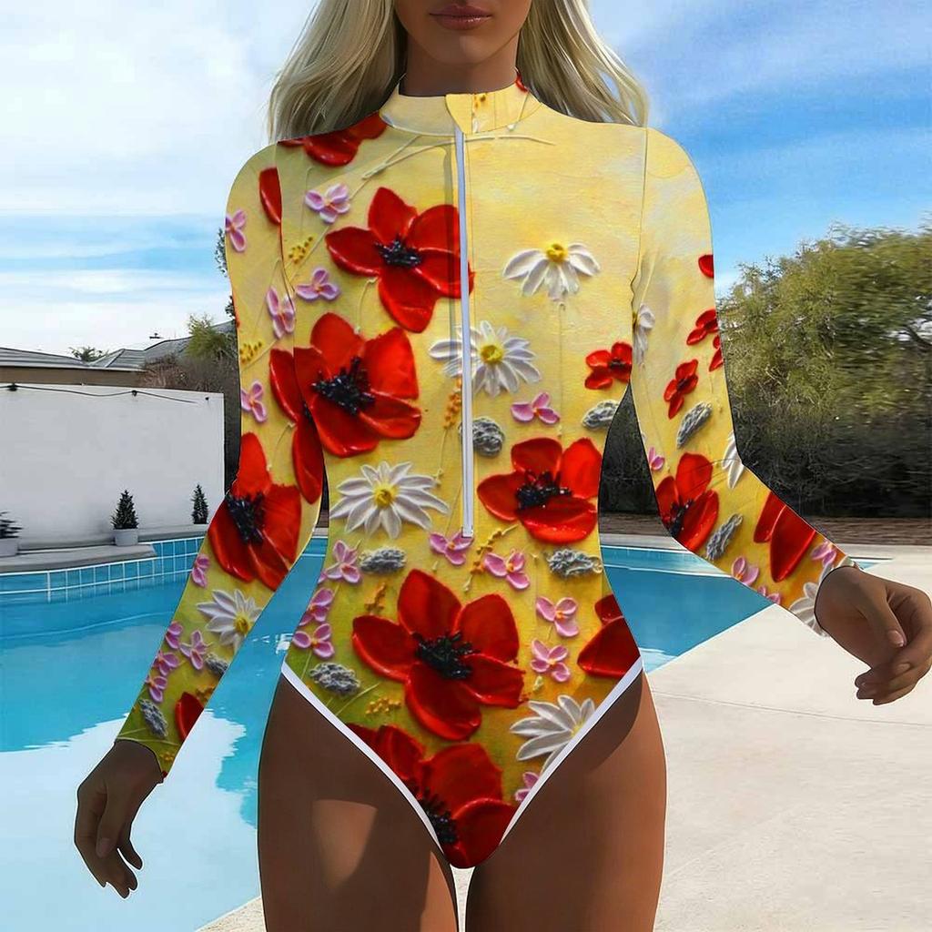 Dámský jednodílný plavecký oblek s dlouhým rukávem, přední zip, malý květinový potisk, Rash Guard, plavky na surfování