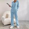 Chic Autumn/Winter Two-Piece Set: Casual Straight-Leg Pants & Loose V-Neck Ribbed Knit Top