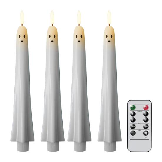 2/4Pcs Halloween Ghost Candle Light with Remote Timer Battery Powered Flickering Flameless Taper Candle