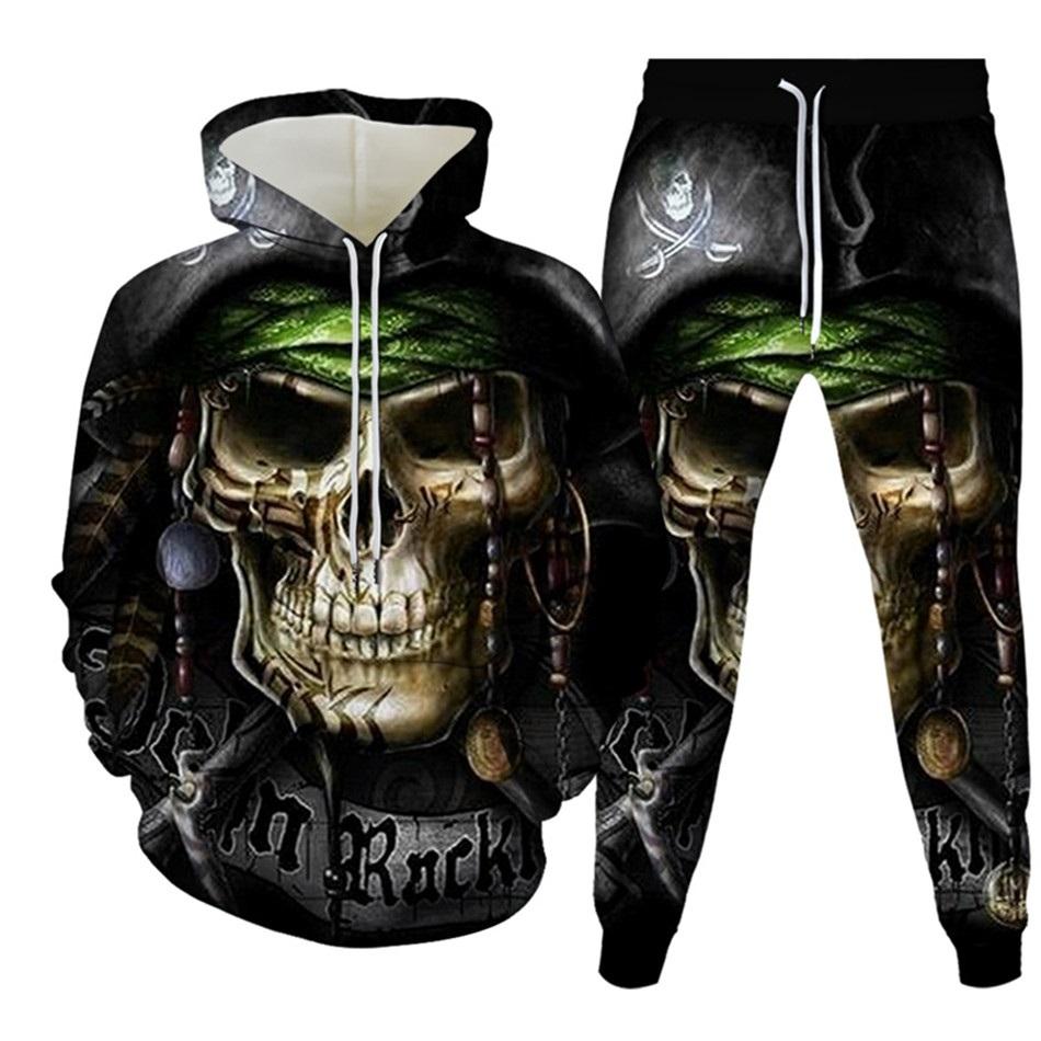 New Men's Tracksuit Sets Goth Punk Skull Fire 3D Printing Hoodies Pants Suit High Quality Skeletons Pullover Streetwear Oversized