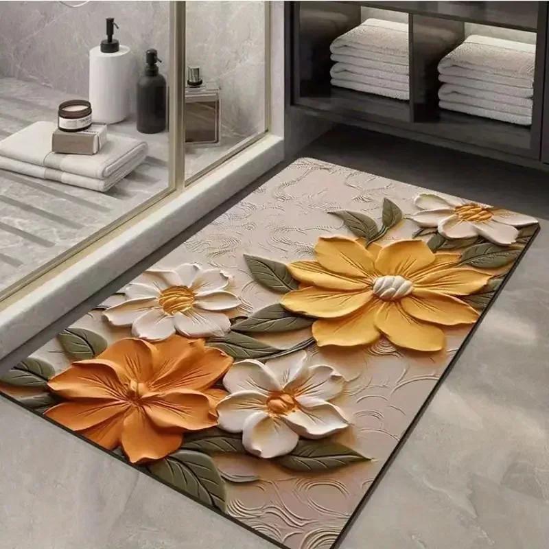 3d Flower Printed Bath Mat Non Slip Bathroom Rug Super Absorbent Kitchen Doormat Home Laundry Room Decor Porch Entrance Carpet