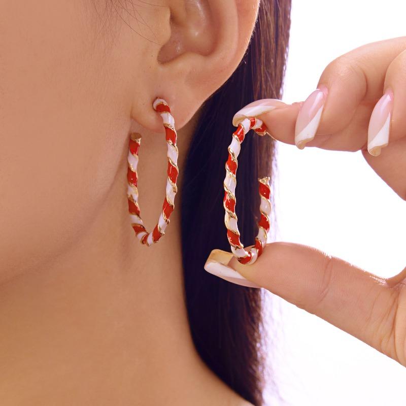 Red White Candy Cane Striped Enamel Twisted Large Hoops, Statement Jewelry for Christmas, Parties & Year-Round Wear