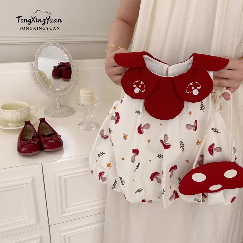 Summer Girls Cute Mushroom House Print Bud Hem Puffy Princess Dress Stylish Sleeveless Sundress 90