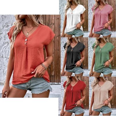 European And American Women's Summer V-neck Button-up Blouse, Bat-sleeved T-shirt, Loose Casual Shirt