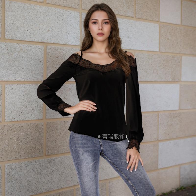 

Весенний женский кружевной однострочный воротник, легкий нарядный топ с длинным рукавом и небольшой бретелькой через шею 2XL чёрный