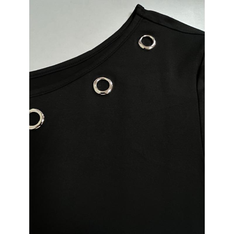 Top Asimmetrico con Spalle Scoperte da Donna a Maniche Lunghe Temperamentale Tinta Unita Slim Pullover T-shirt Corta
