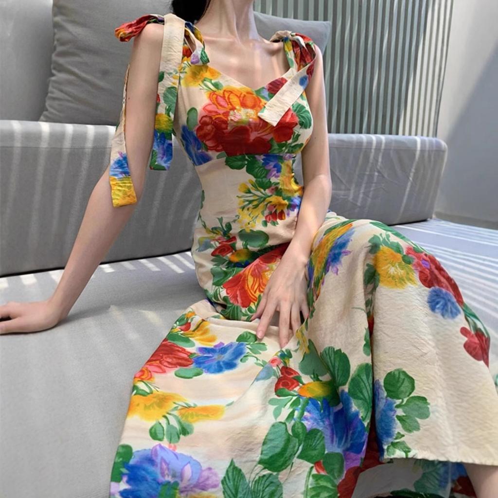 New Women's Back-length Printed Dress Summer Large Sleeveless Suspender Skirt