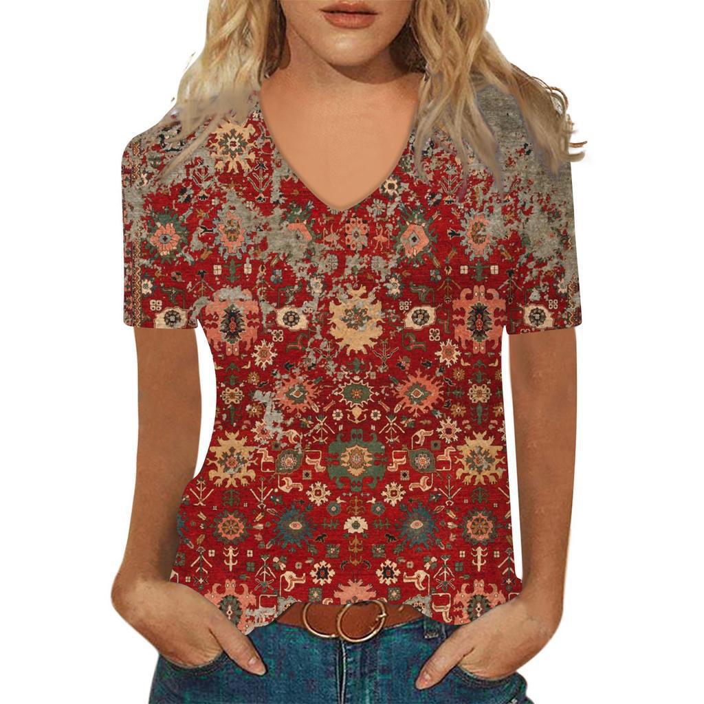 Sommer V-Ausschnitt 3D Abstraktes Retro-Muster Bedrucktes Oberteil Modische Lässige Kurzarm Damen T-Shirts