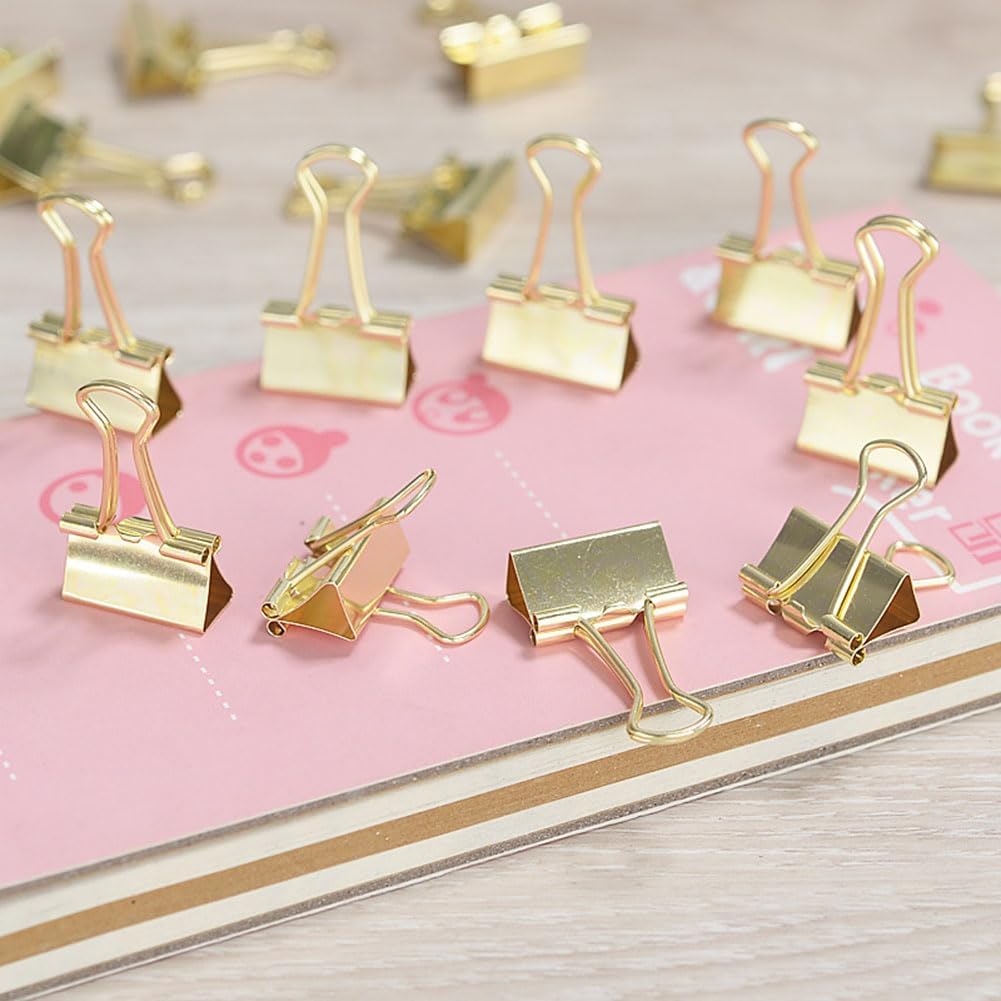 100 Pack Mini Gold Binder Clips 5/8 Inch (15 mm), Colored Little Paper Clamps, Small Tiny Micro Size Paper Clips for Office Home School Business 0.6"