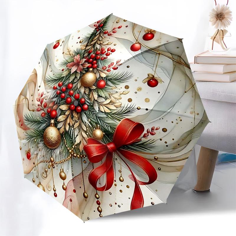 

1pc Elegant Christmas Tree Design Automatic Folding Umbrella, Portable 3-Fold Design with Golden Berries, Red Ribbons, and Festive Flowers, Perfect Gi