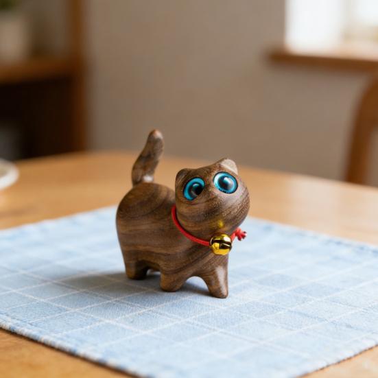 Mini Wooden Cat Figurine Handmade Carving Kitten Statue Sculpture Farmhouse Rustic Home Office Desktop Decoration Ornament