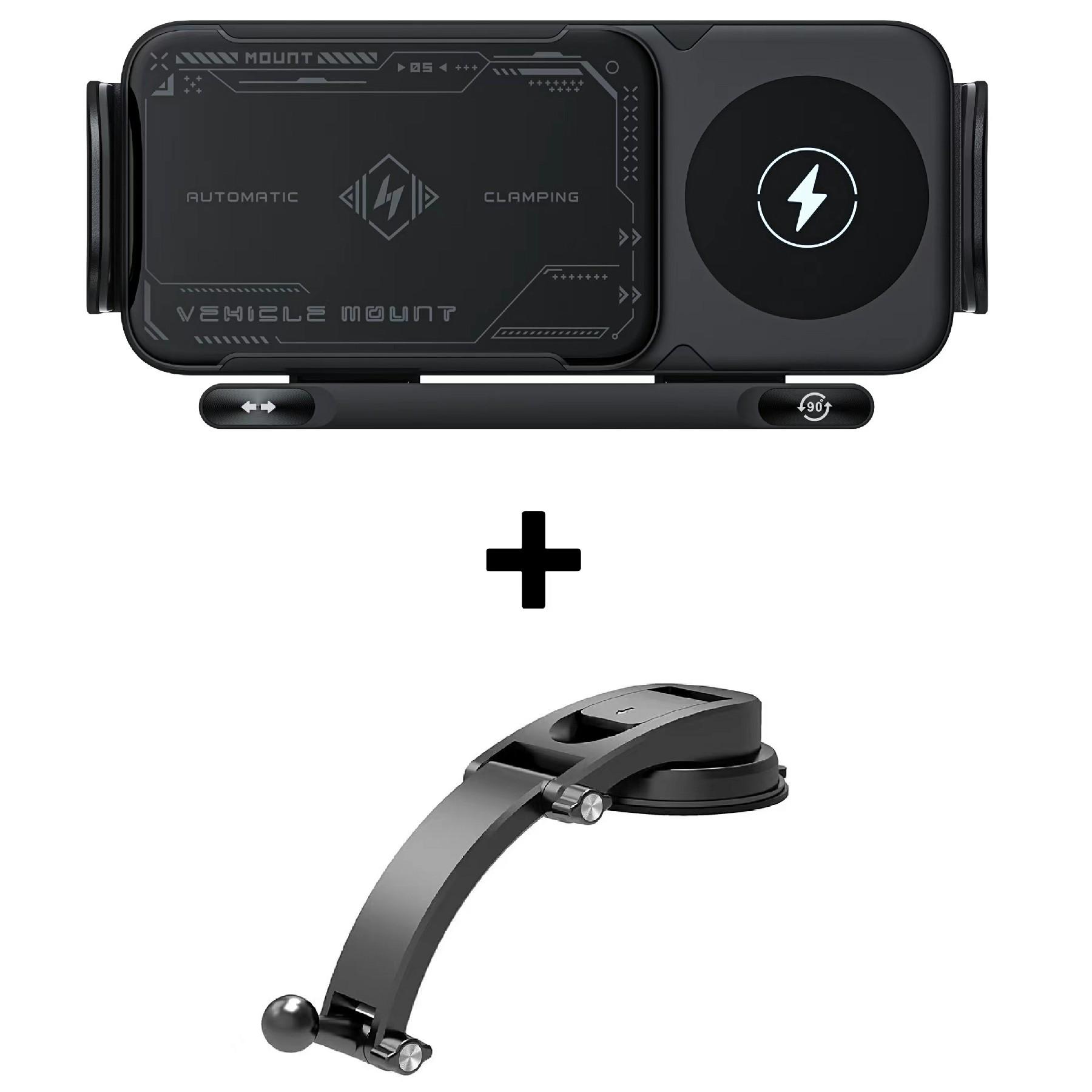 

A05+X06 15W Wireless Car Charger Phone Holder Rotating Bracket+Bend Arm Suction Cup Base A