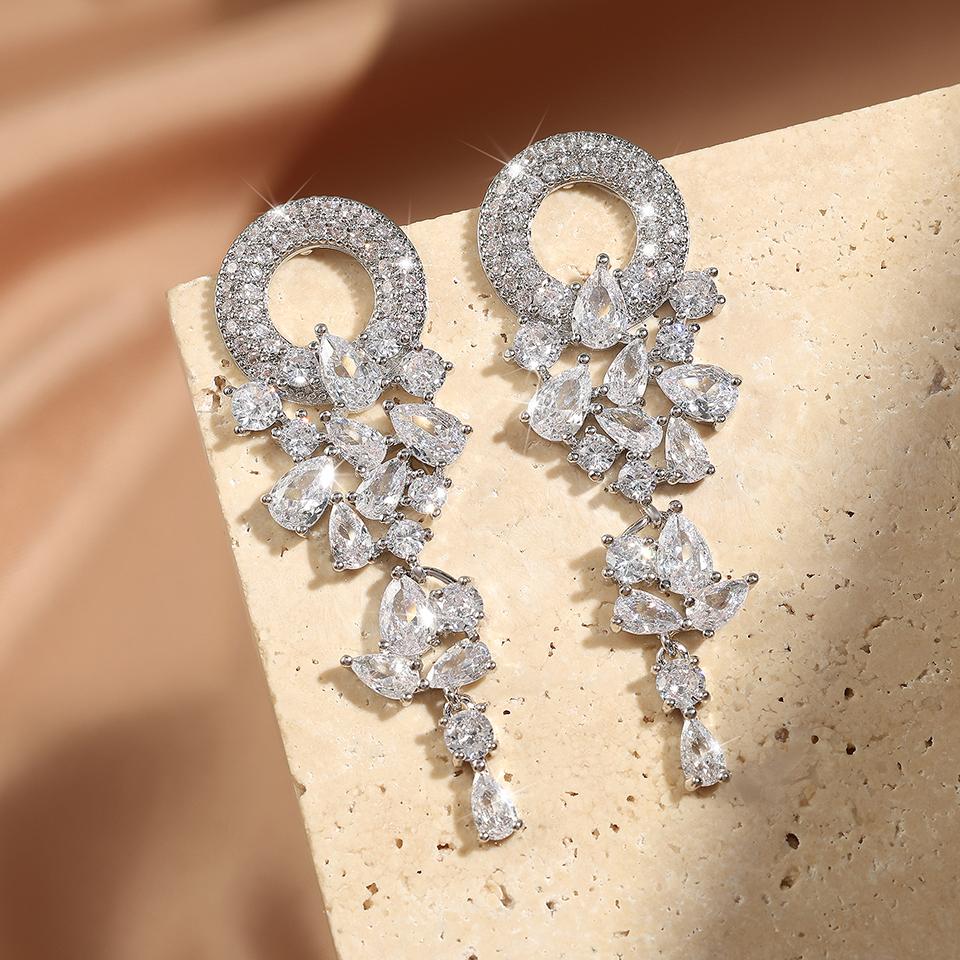 ZAKOL Vintage Sparkling Zircon Flower Dangle Earrings for Women Luxury Crystal CZ Bridal Long Earring Engagement Zircon Gift