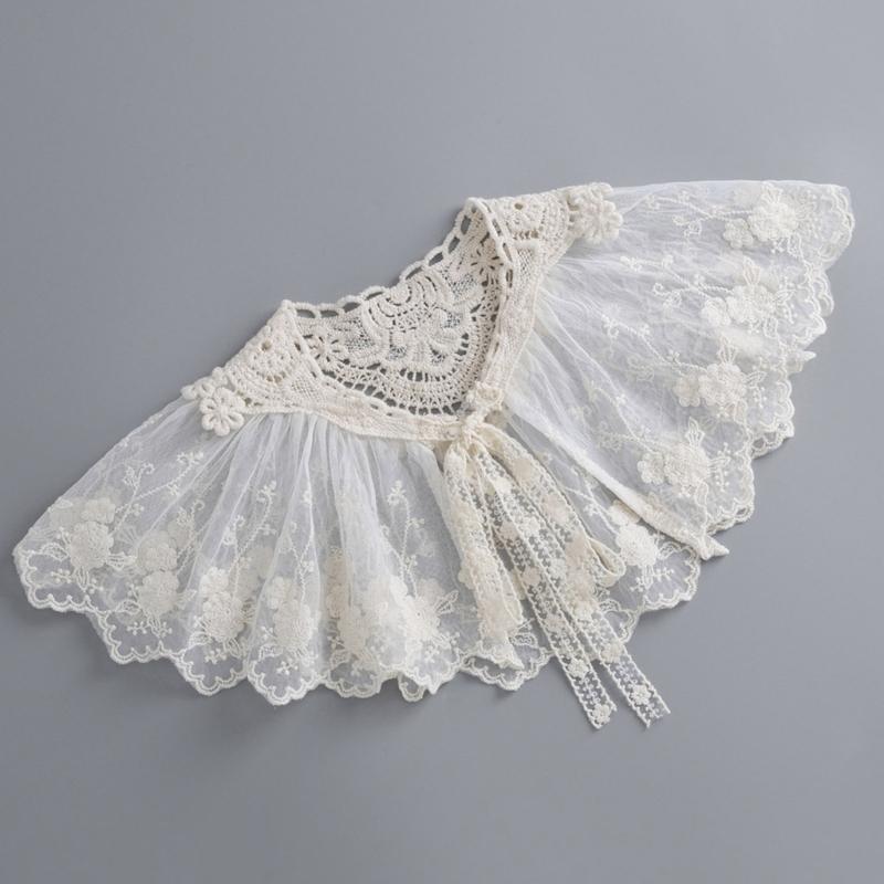 Korean Style Women False Collar Shawl Scarf Elegant Embroidery Lace Pleated Lace-Up Bowknot Shoulder Wrap Poncho Cape