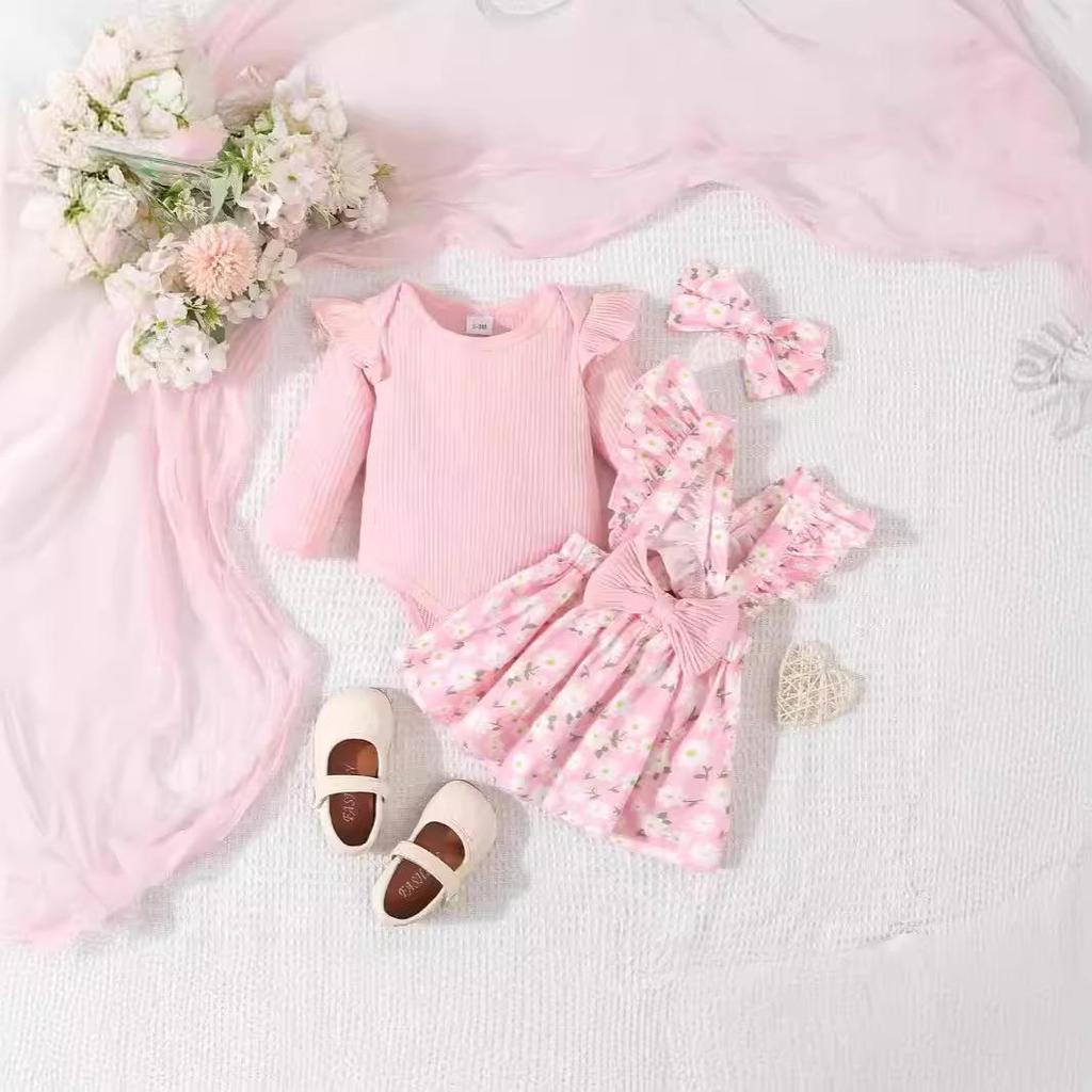 European & American Pastoral Style Infant Romper 3-Piece Set: Bow Floral Suspender Skirt