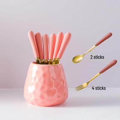 Ru Han Ceramic Stainless Steel Fruit Fork & Spoon Set with Storage Jar