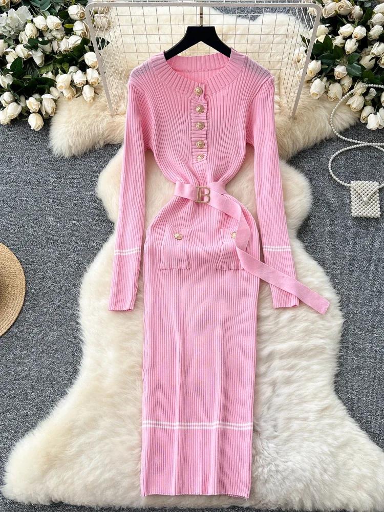 Autumn Korean Fashion Classy Sweater Dress Women Metal Breasted Belt Bodycon Long Dress Female Design Outdoor Knitted Clothing