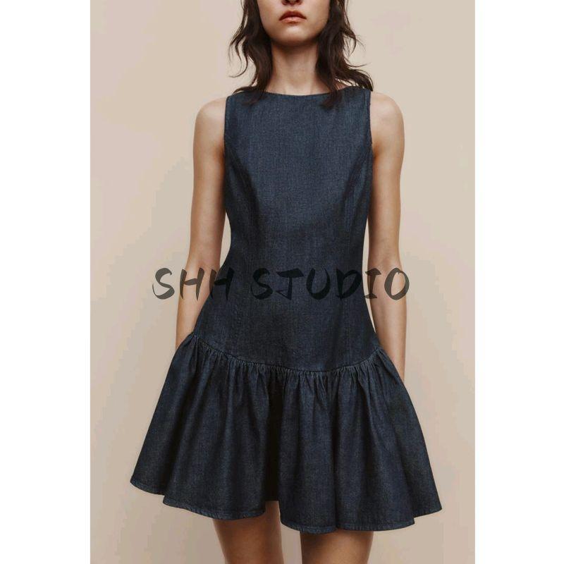 Summer New Product Women's Clothes round Neck Sleeveless Laminated Decoration Hem Denim Effect Short Dress 6929084