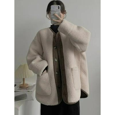 Lammwollmantel Damen Winter Klein Locker Dickes Fell Eins Hirschlederfleece Mittellang