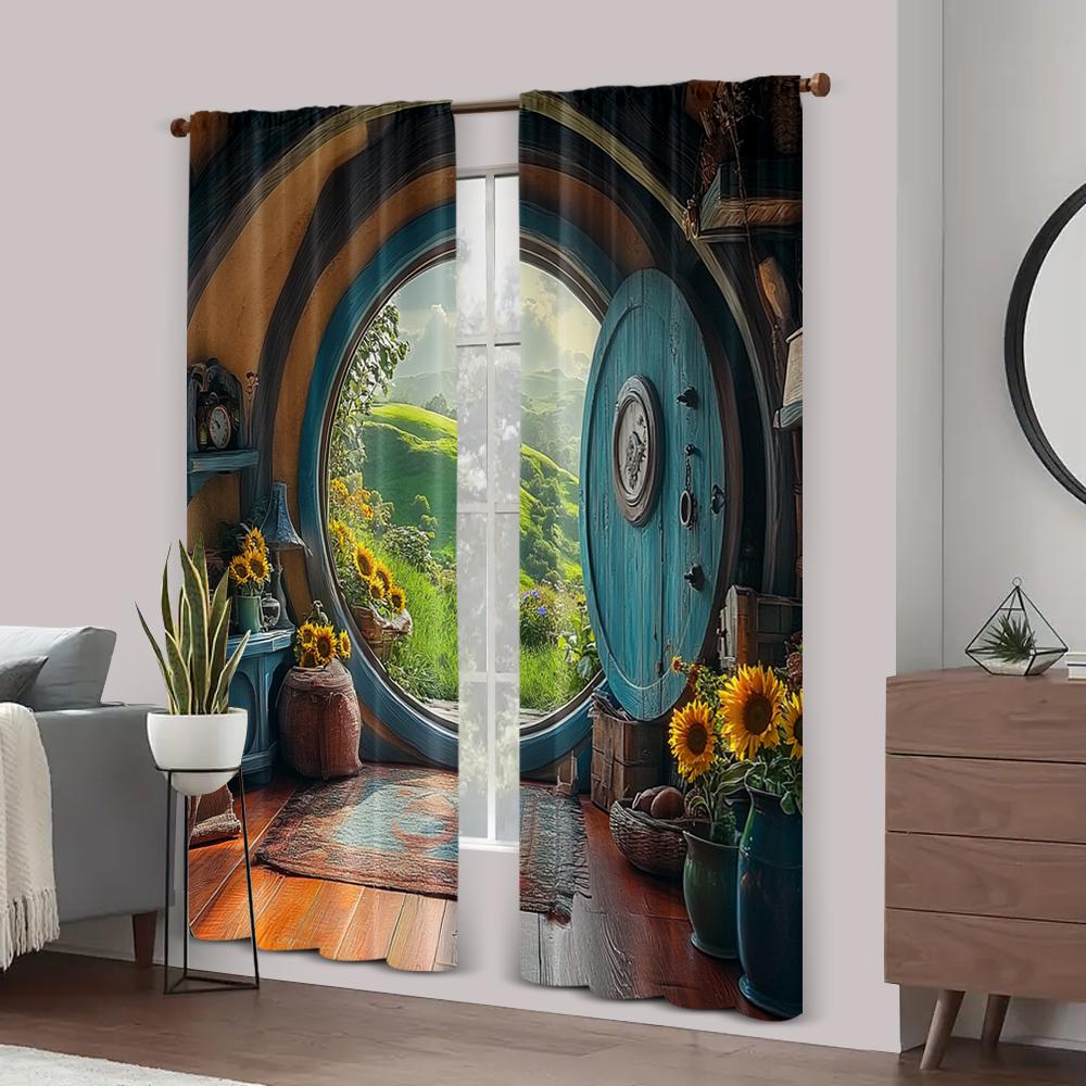 2pc, Party Window Curtains Charming Hobbit Hole Polyester,Without Electricity Festive Wall Decor Applies to Classroom