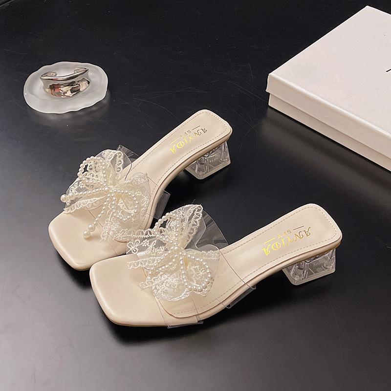 Transparent High-heeled Cool Slippers Female 2025 Summer New Fairy Wind Beaded Lace Bow Square Head Thick-heeled Sandals