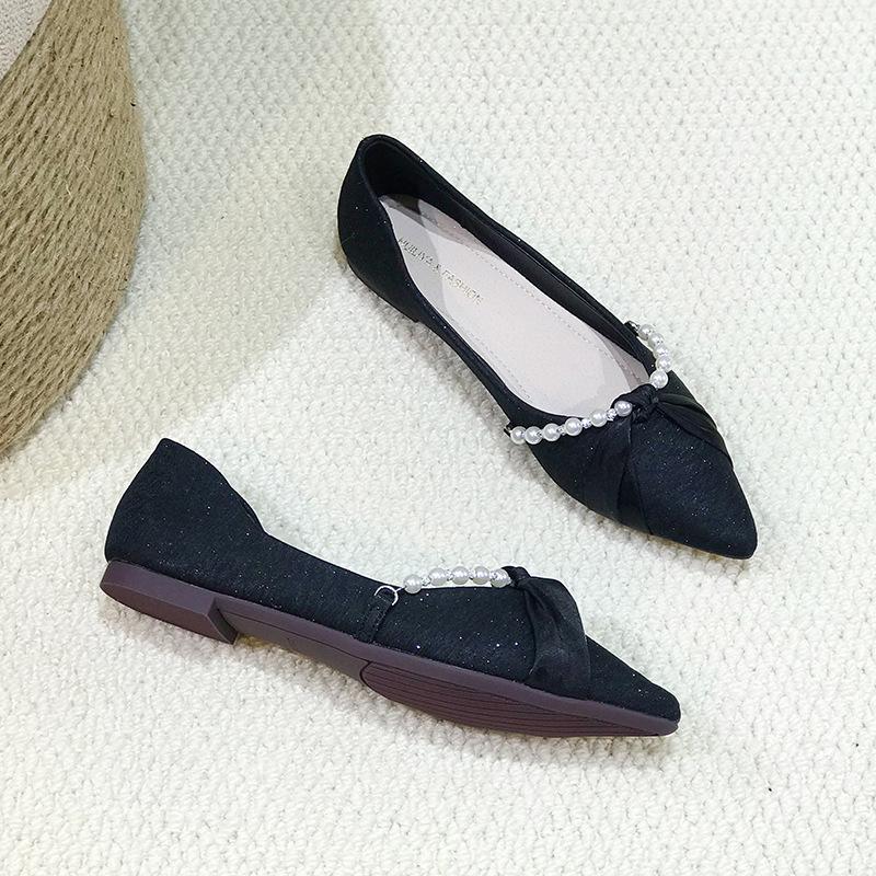 Huiliya French single shoes women's summer new temperament pointed flat bottom small fragrant wind shallow mouth pearl ladyshoes 23503