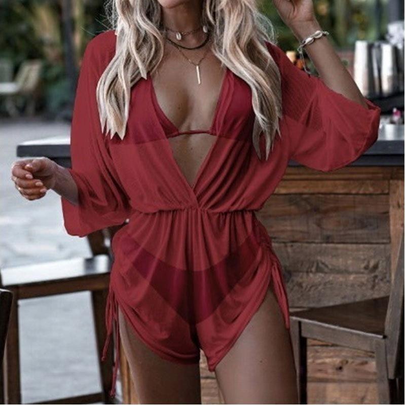 New long-sleeved three-piece mesh waist drawstring printed split bikini swimsuit