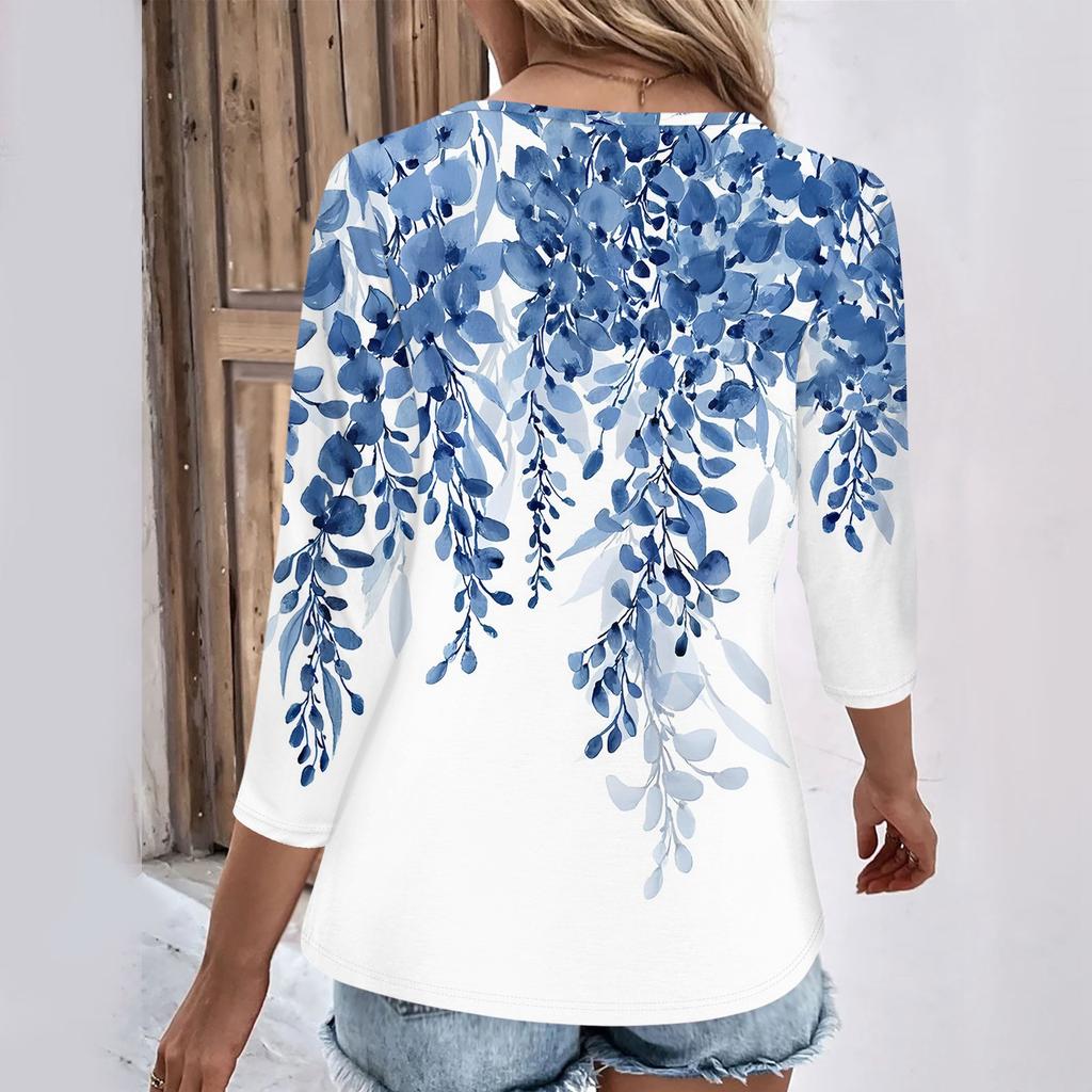 Womens 3/4 Sleeve Daily Weekend V Neck Casual Printed Tshirts Loose Fit Pleated Tees Ladies Blouse